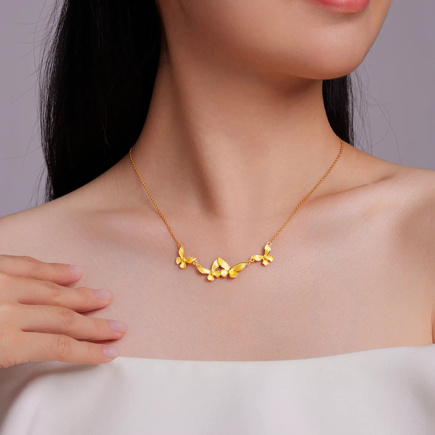 24K Solid Gold Four Butterfly Pendant Necklace