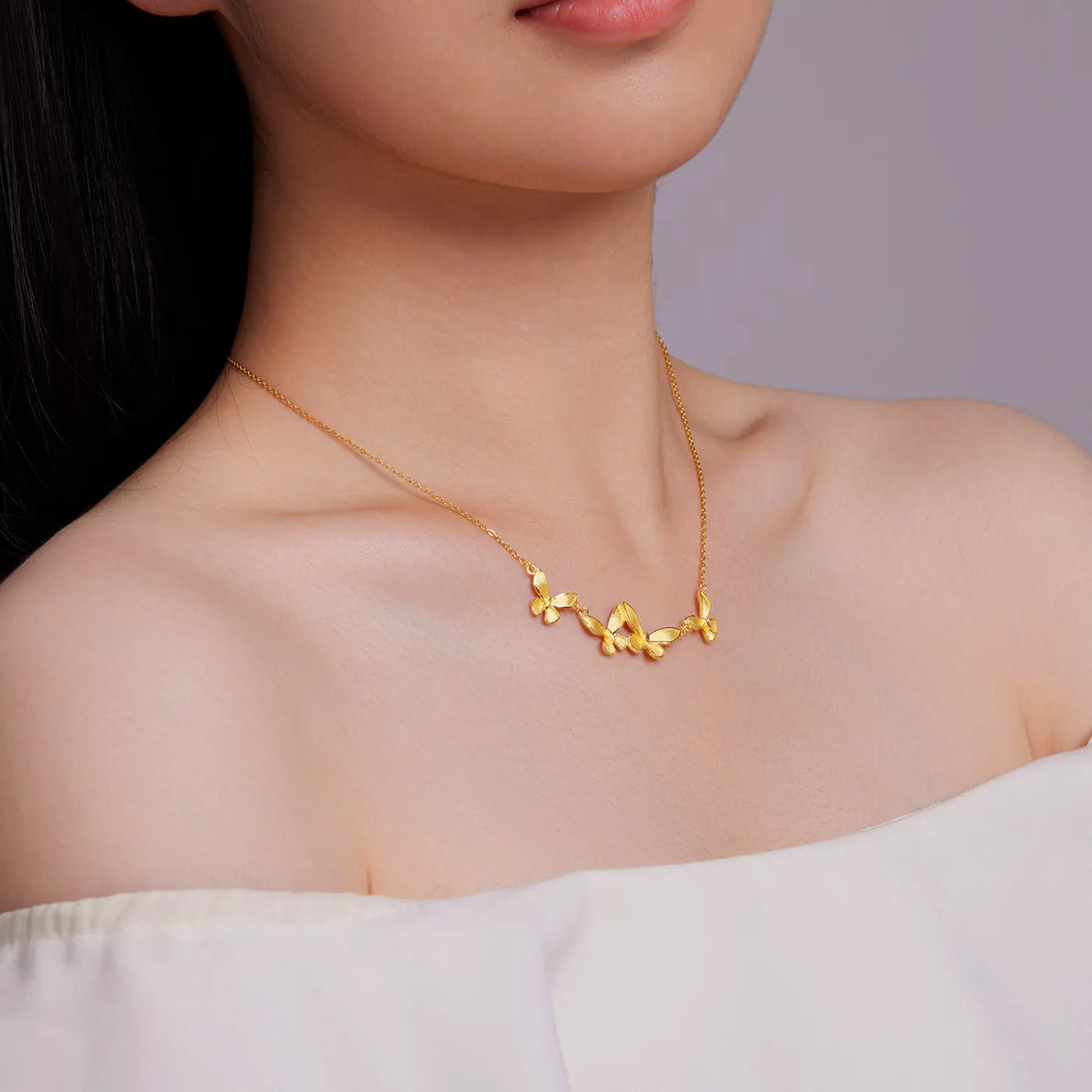 24K Solid Gold Four Butterfly Pendant Necklace