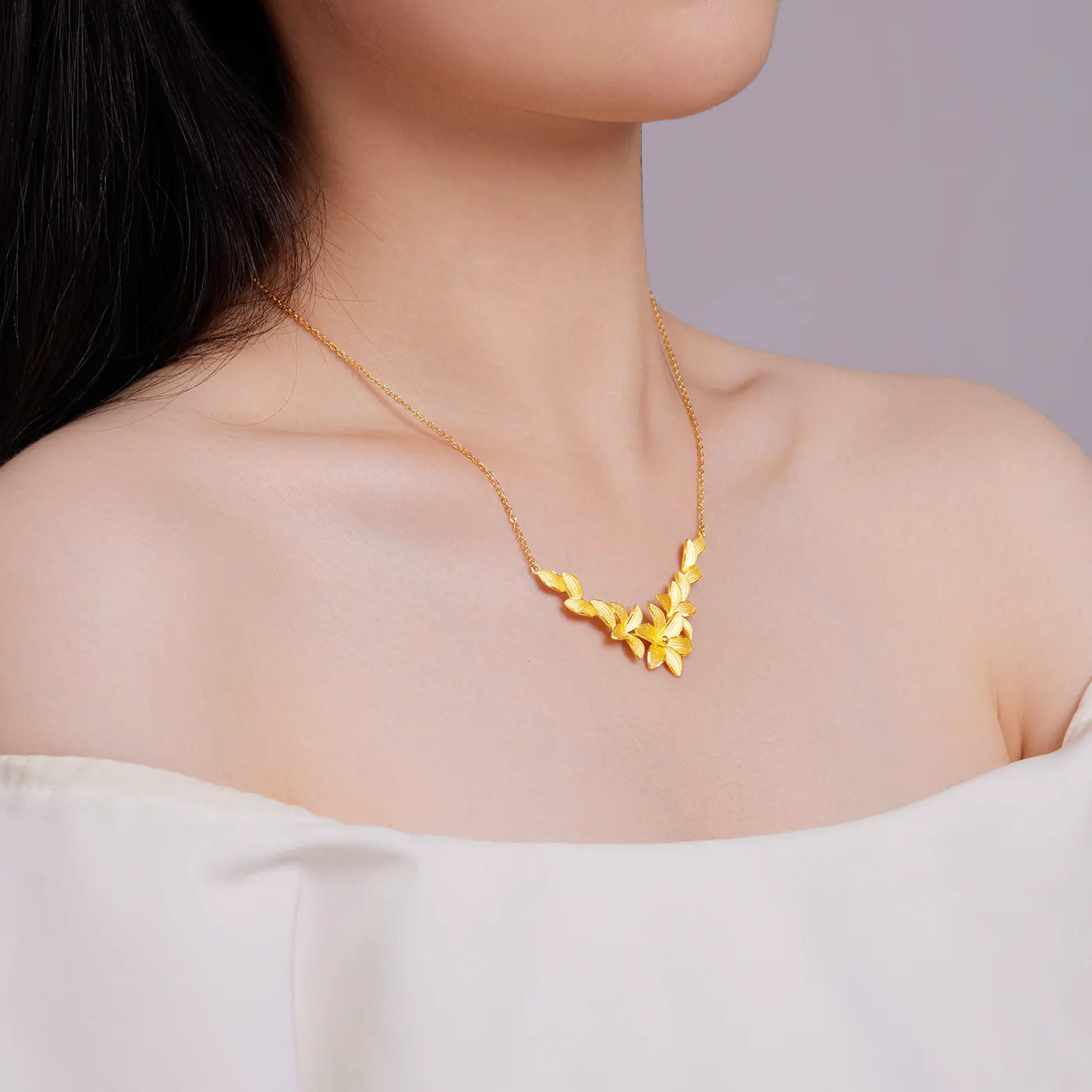 24K Gold Magnolia V-Shaped Pendant Necklace