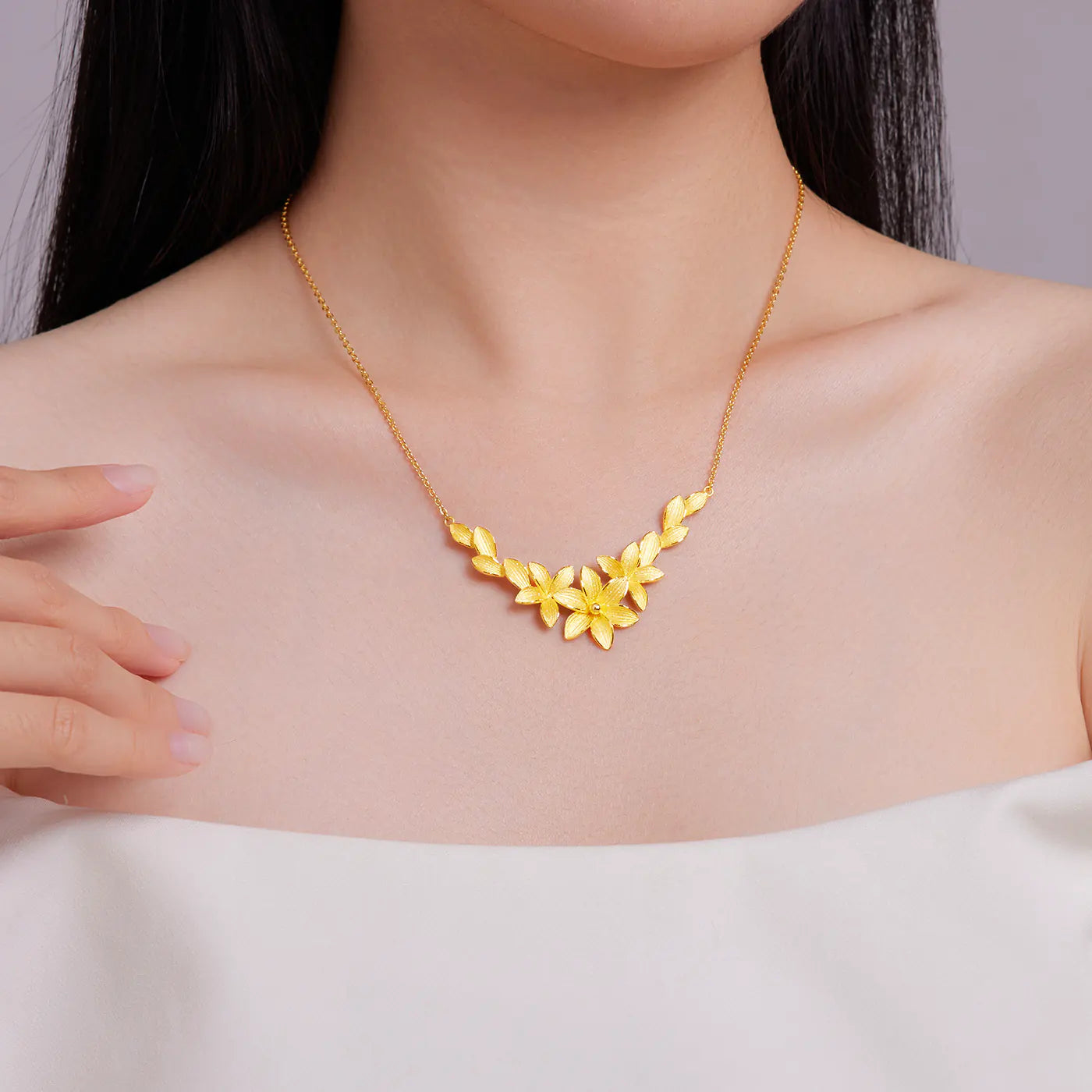 24K Gold Magnolia V-Shaped Pendant Necklace