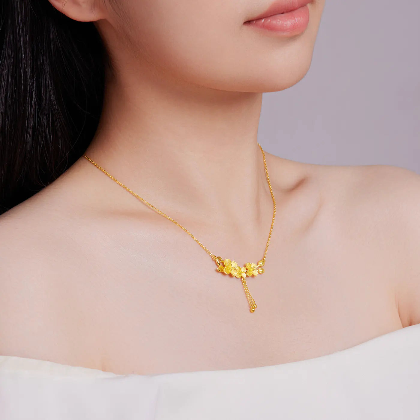 24K Pure Gold Peach Blossom Tassel Necklace