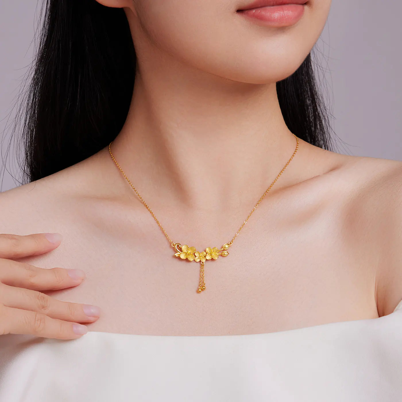 24K Pure Gold Peach Blossom Tassel Necklace