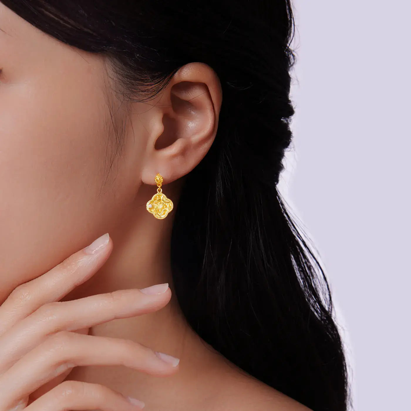 24K Gold Sunflower Four Leaf Clover Drop Earrings