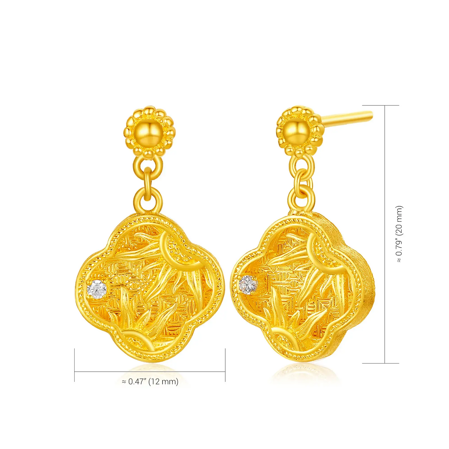 24K Gold Sunflower Four Leaf Clover Drop Earrings