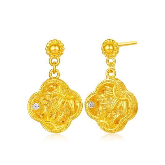 24K Gold Sunflower Four Leaf Clover Drop Earrings