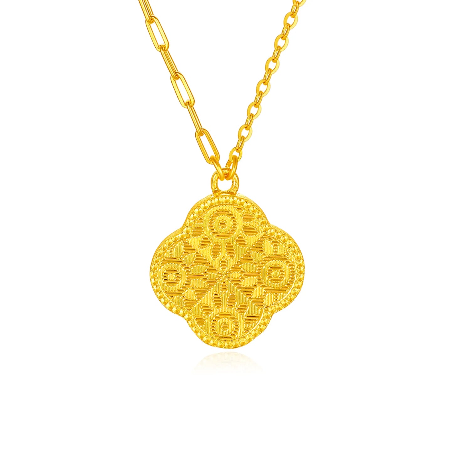 24K Gold Sunflower Four-Leaf Clover Pendant Necklace
