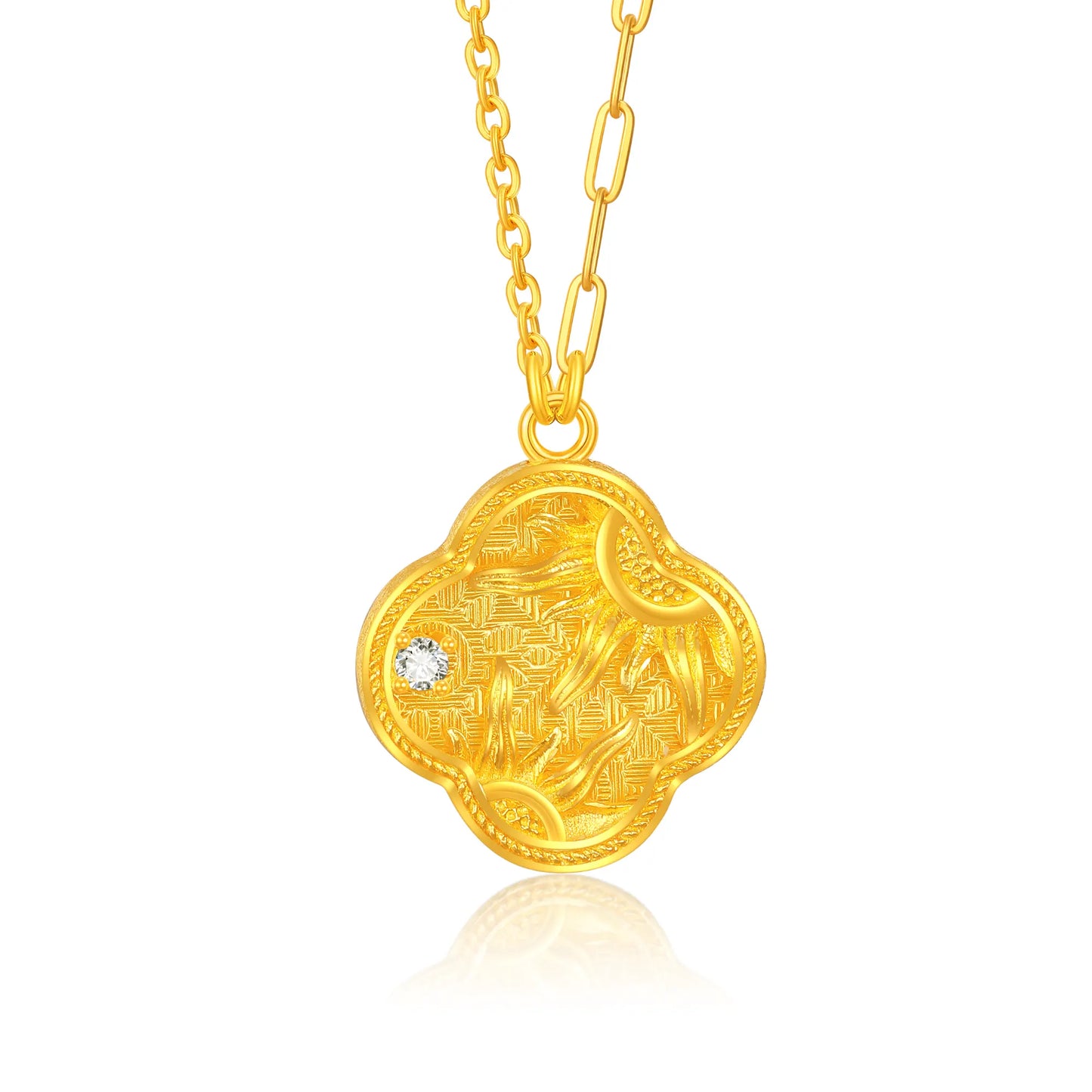 24K Gold Sunflower Four-Leaf Clover Pendant Necklace