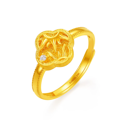 24K Gold Sunflower Four Leaf Clover Adjustable Ring