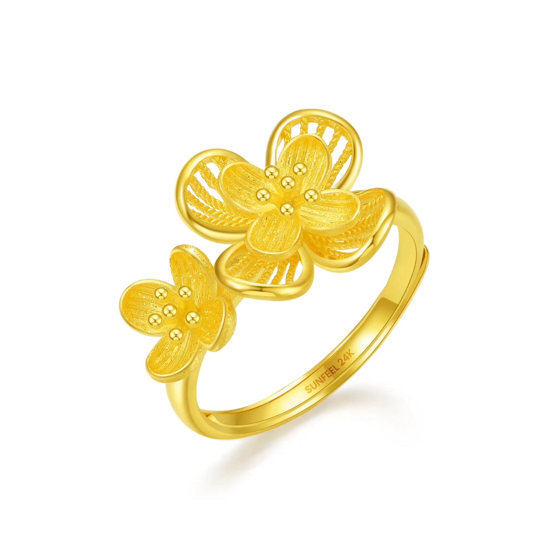 Sunfeel Jewelry 24K Pure Gold Peach Blossom Adjustable Ring for Women