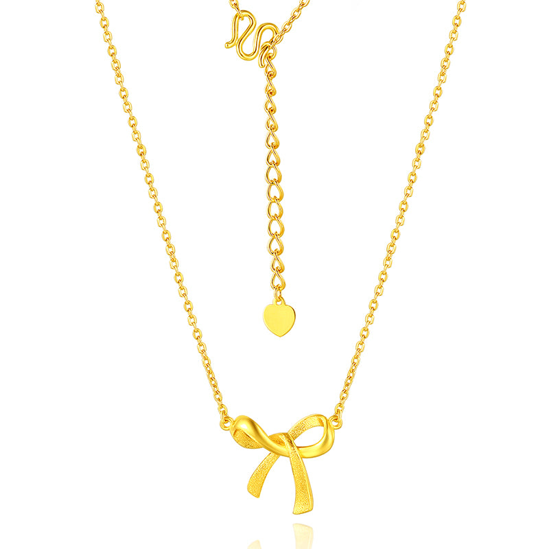 24k Solid Gold Bow Pendant Necklace