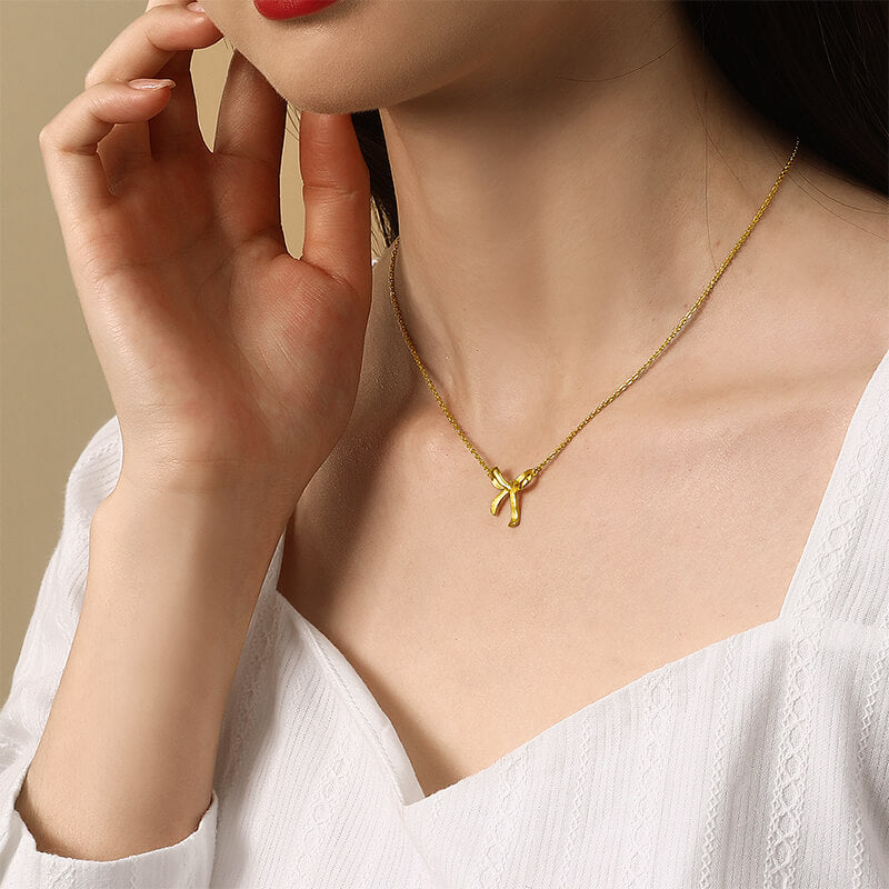 24k Solid Gold Bow Pendant Necklace