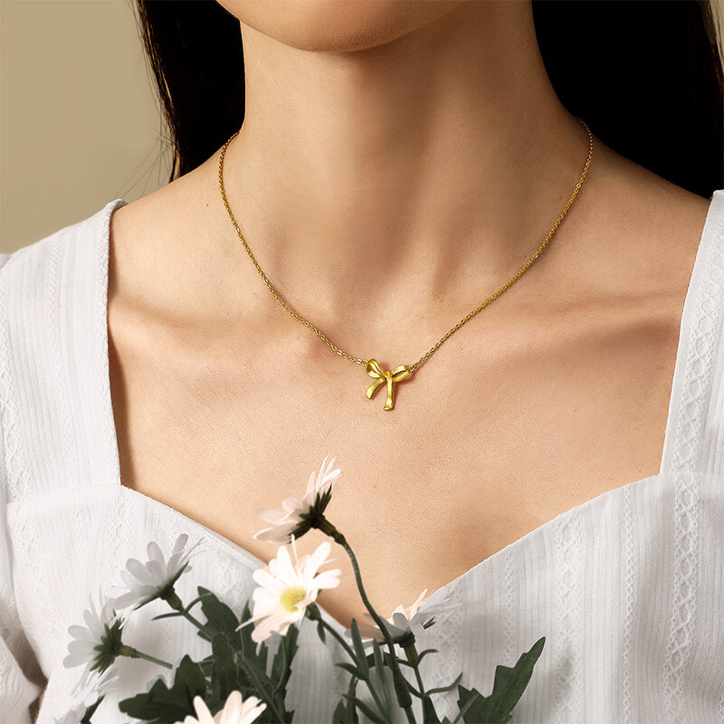 24k Solid Gold Bow Pendant Necklace